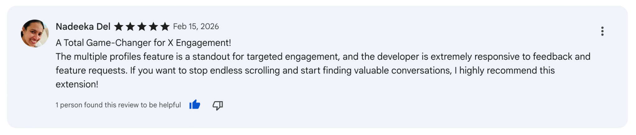 5-star review from Nolan Nordlund praising TwitPick's seamless integration and profile features