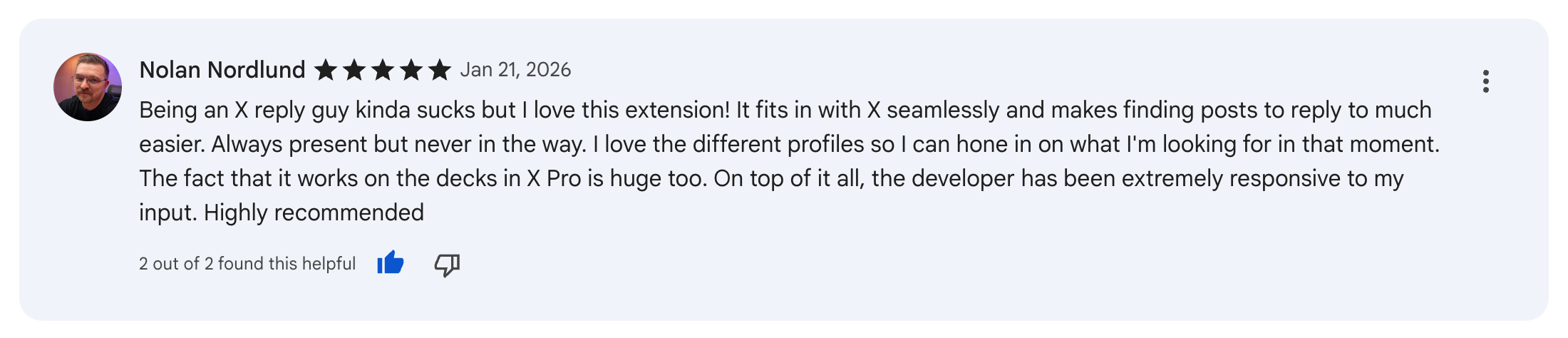 5-star review from Nadeeka Del calling TwitPick a game-changer for X engagement