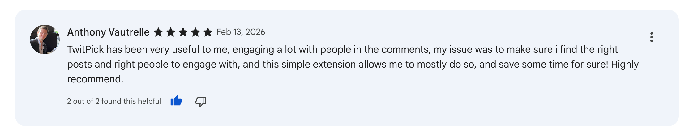 5-star review from Filipe Picoito Jorge highlighting TwitPick's quality of life improvements and responsive developer