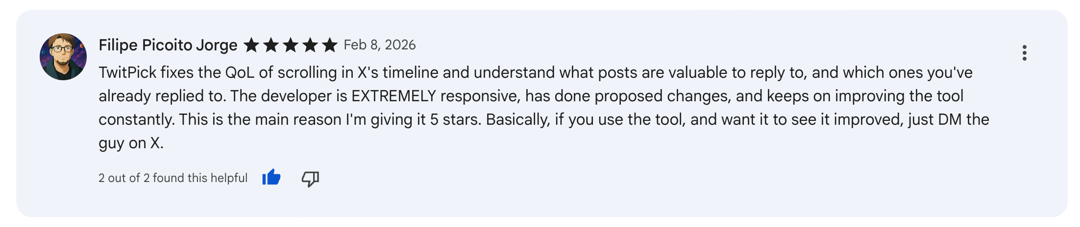 5-star review from Anthony Vautrelle recommending TwitPick for finding the right posts and people to engage with