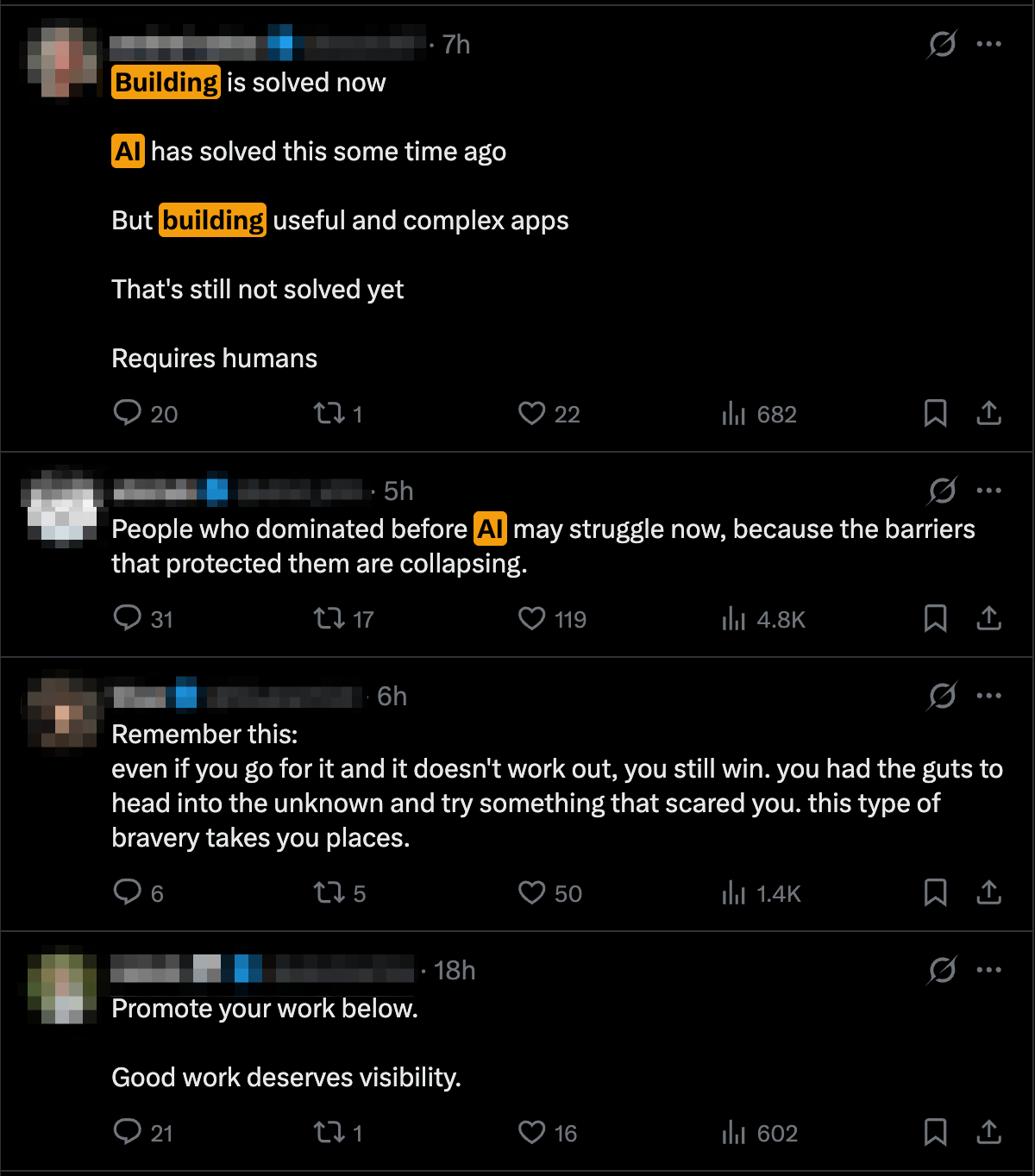 Same feed with ReplyWisely — keywords like 'Building' and 'AI' highlighted in amber